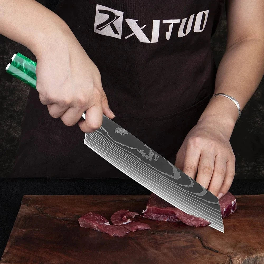 China China Pro Chef Knife Set 1-8PCS,7Cr17Mov Steel Kitchen Cooking Knives Utility Knife Super sharp Blade Ergonomic Green Resin Handle