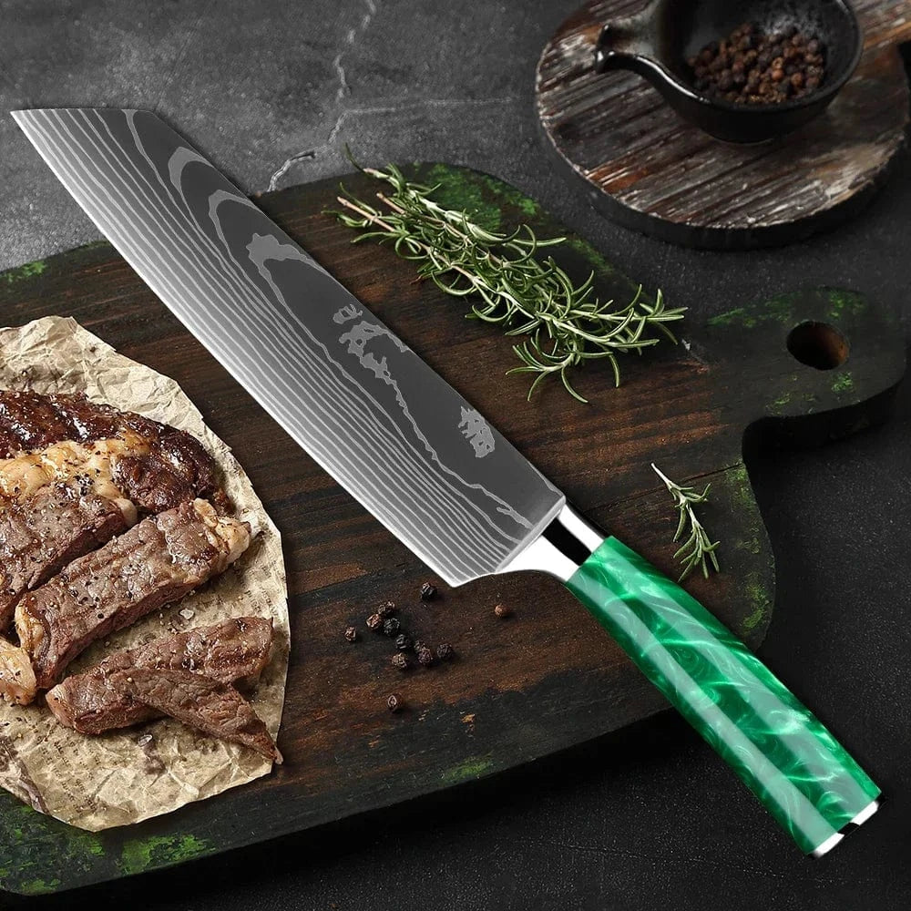 China China Pro Chef Knife Set 1-8PCS,7Cr17Mov Steel Kitchen Cooking Knives Utility Knife Super sharp Blade Ergonomic Green Resin Handle