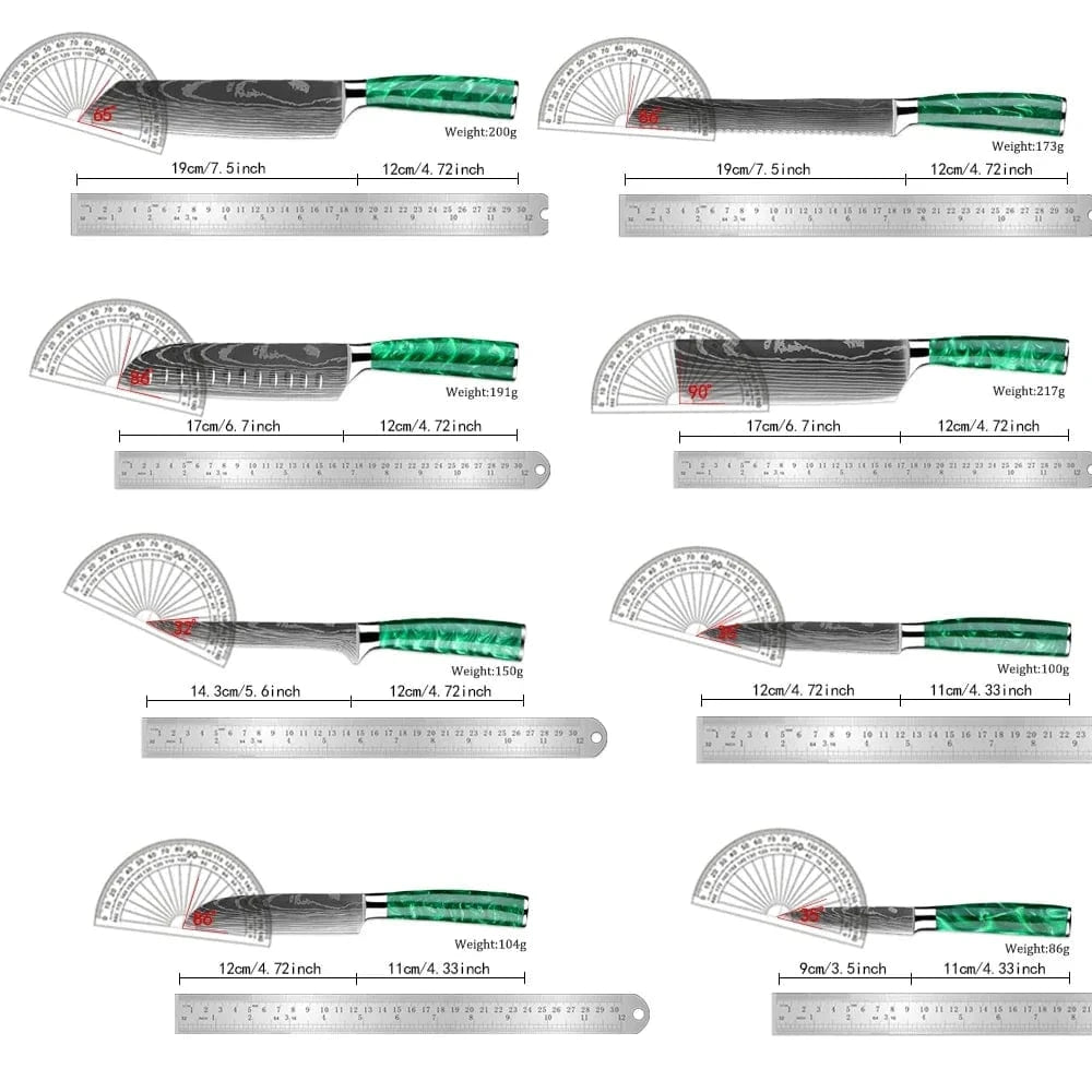 China China Pro Chef Knife Set 1-8PCS,7Cr17Mov Steel Kitchen Cooking Knives Utility Knife Super sharp Blade Ergonomic Green Resin Handle