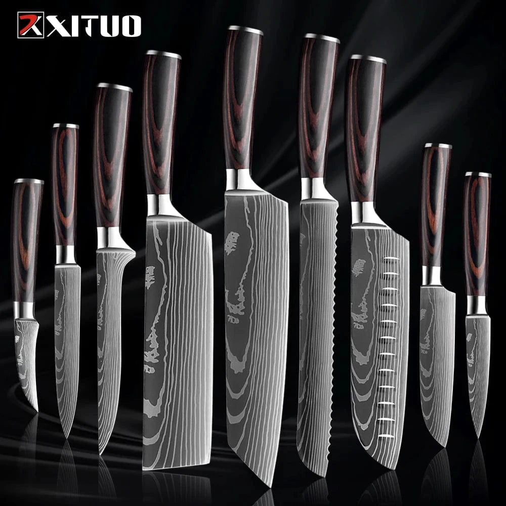 China China Professional Kitchen Knife Set 1-9PCS, Sharp Chef Knife Santoku Knife Fruit knife 7Cr17Mov Stainless Steel Ergonomic Wood Handle