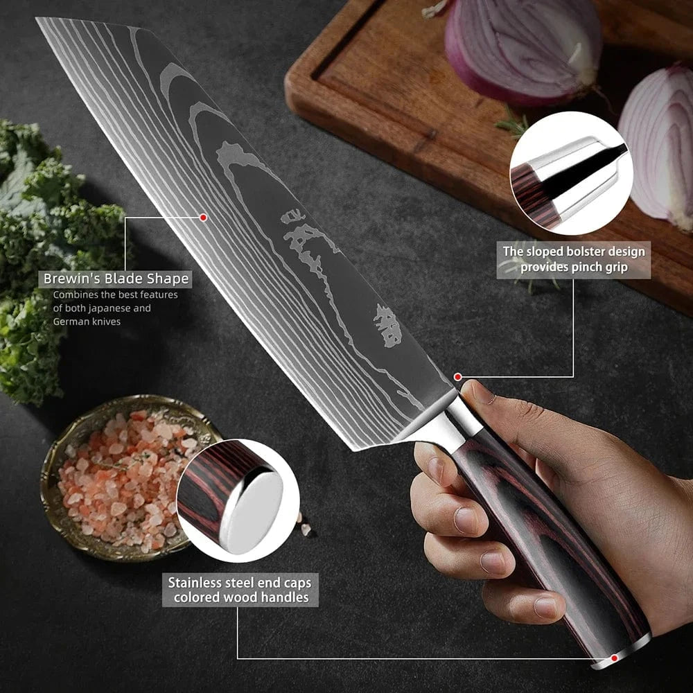 China China Professional Kitchen Knife Set 1-9PCS, Sharp Chef Knife Santoku Knife Fruit knife 7Cr17Mov Stainless Steel Ergonomic Wood Handle