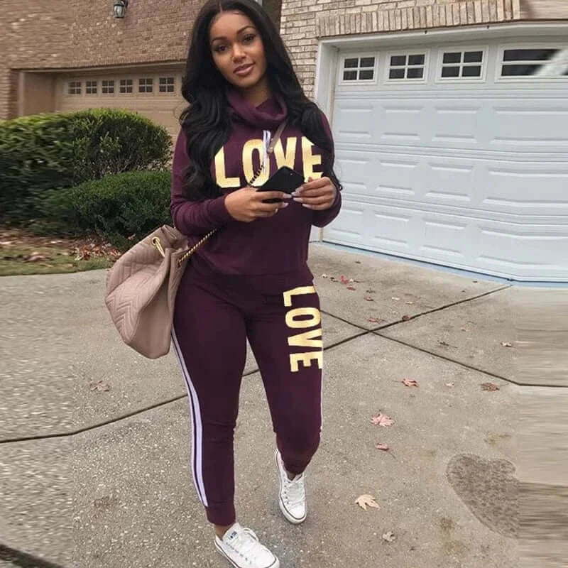 China China PURPLE / S 2 Piece Set Women Outfit LOVE Letter Print High Neck Hoodies Sweatshirt Pants Tracksuit 2022 Plus Size Streetwear Casual Suit