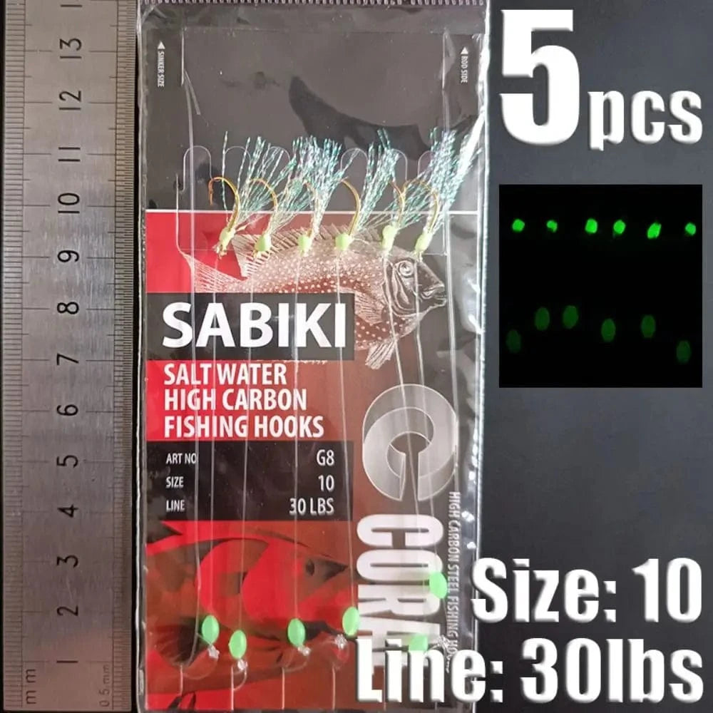 China China red-10 1Park/5pcs Lunker Sabiki Rigs  Hooks Saltwater Fishing Lures Luminous Glow Flash Fishskin Sea Bait Mackerel Pesca Tackle