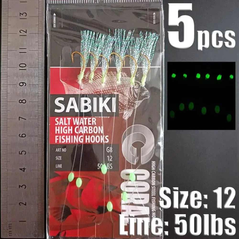China China red-12 1Park/5pcs Lunker Sabiki Rigs  Hooks Saltwater Fishing Lures Luminous Glow Flash Fishskin Sea Bait Mackerel Pesca Tackle