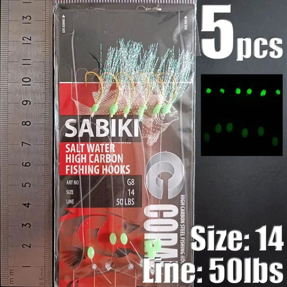 China China red-14 1Park/5pcs Lunker Sabiki Rigs  Hooks Saltwater Fishing Lures Luminous Glow Flash Fishskin Sea Bait Mackerel Pesca Tackle