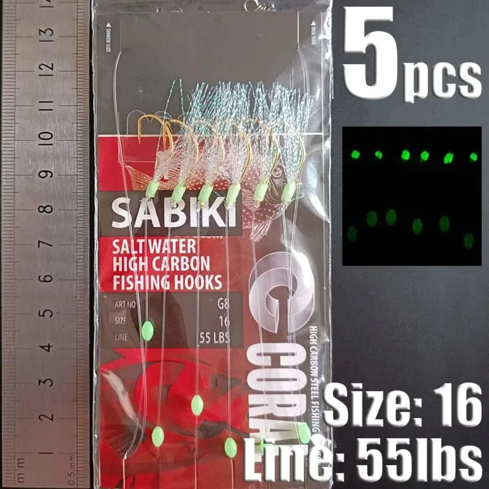 China China red-16 1Park/5pcs Lunker Sabiki Rigs  Hooks Saltwater Fishing Lures Luminous Glow Flash Fishskin Sea Bait Mackerel Pesca Tackle