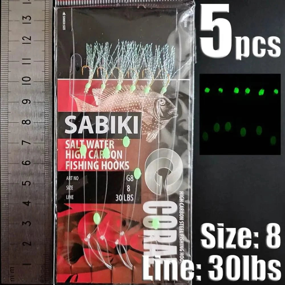 China China red-8 1Park/5pcs Lunker Sabiki Rigs  Hooks Saltwater Fishing Lures Luminous Glow Flash Fishskin Sea Bait Mackerel Pesca Tackle