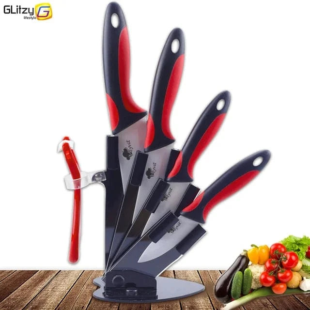 China China RED Black / CHINA Kitchen Knives Ceramic Knife Set 3 4 5 6 inch Chef Knife Stand Holder Utility with Peeler Fruit Vegetable White Blade Anti-slip
