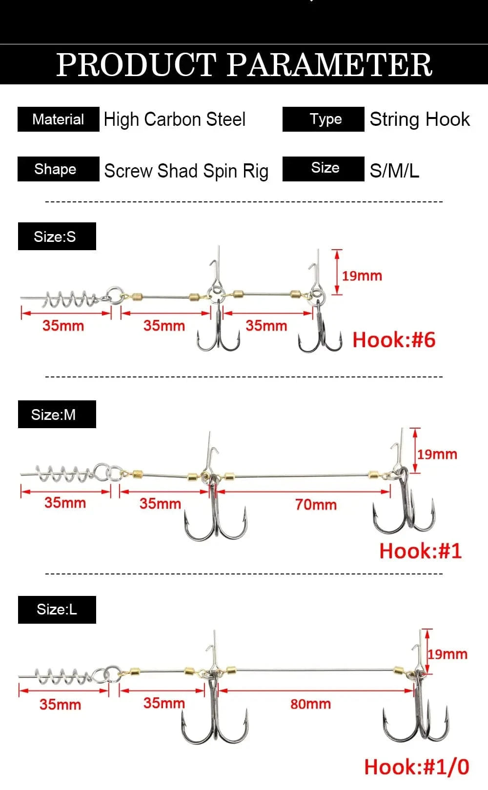 China China RoseWood Fishing Screw Rig Double VMC Fishing Hooks With Pike Center Pin Shad Belly Stingers For Shallow-Rigging, 1 Pcs Per Pack