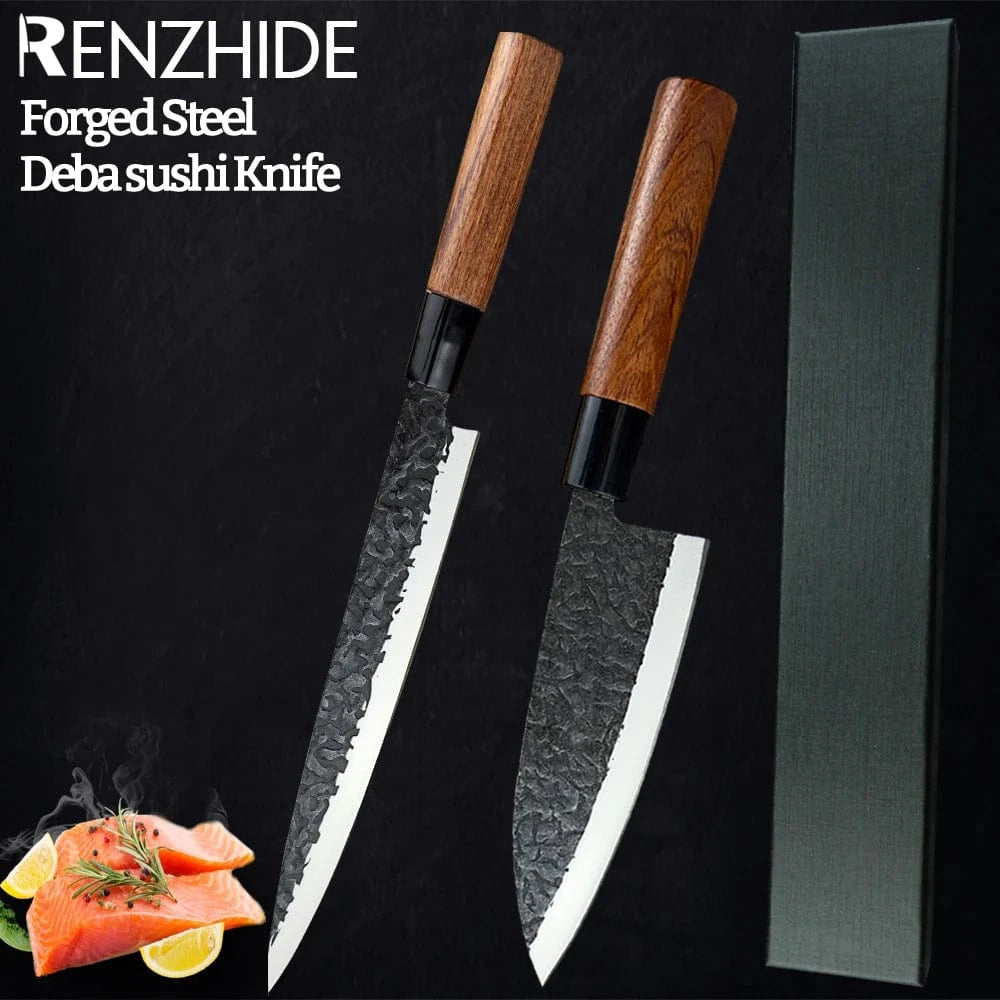China China RZD Sushi Sashimi Knife Set Forged Steel Deba Fishing Fillet Knife Japanese Chefs Kitchen Kingfish Slicing Cutting Carving Tool