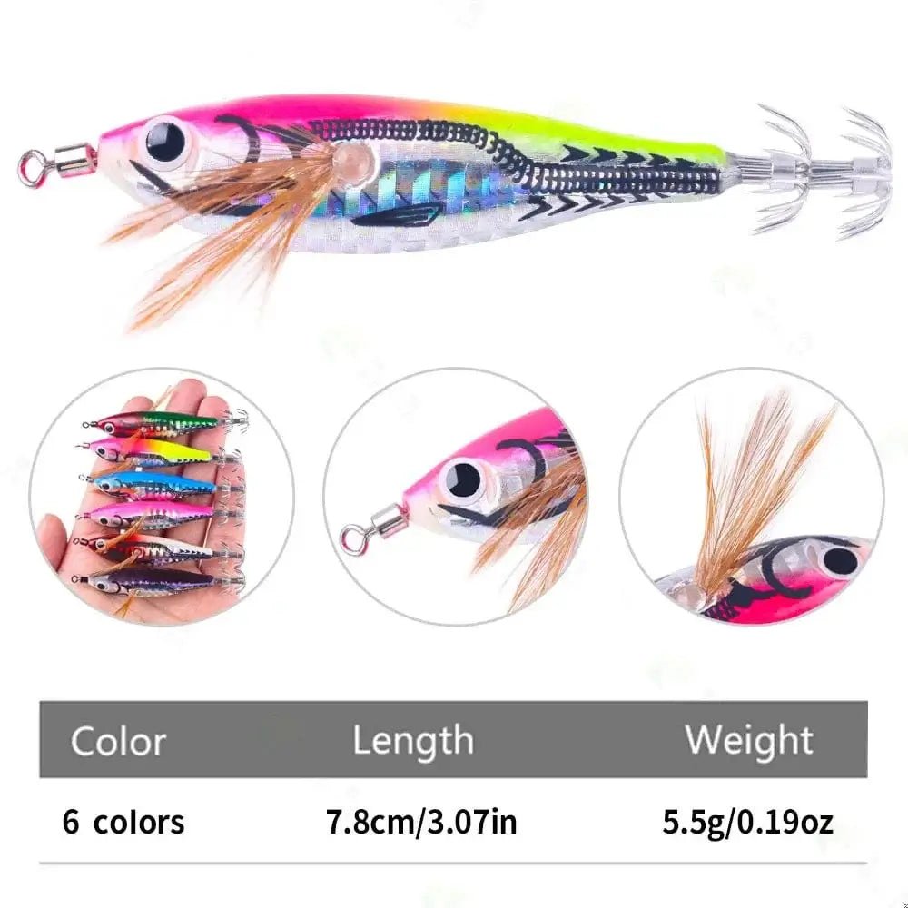 China China Sea.Yolo Horizontal Squid Trolling Lure Floating Luminous Squid Jigging Eging Wood Shrimp Hook Artificial Squid Lure for Fishing