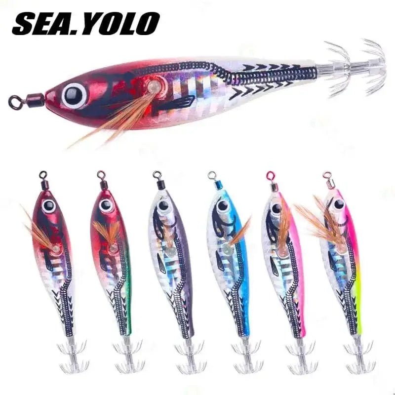 China China Sea.Yolo Horizontal Squid Trolling Lure Floating Luminous Squid Jigging Eging Wood Shrimp Hook Artificial Squid Lure for Fishing
