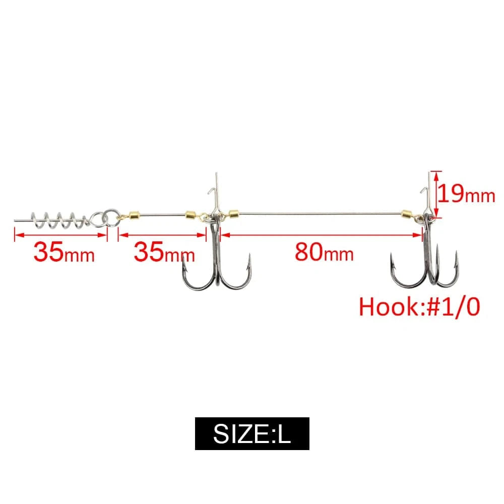 China China Size L RoseWood Fishing Screw Rig Double VMC Fishing Hooks With Pike Center Pin Shad Belly Stingers For Shallow-Rigging, 1 Pcs Per Pack