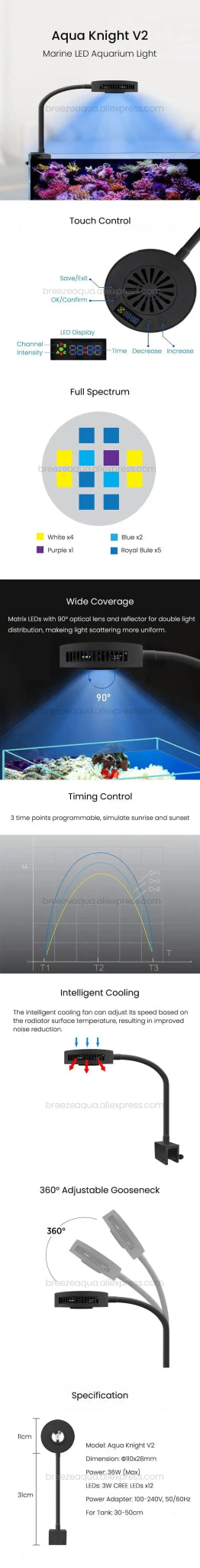 China China Spectra Aqua Knight V2 36W Full Spectrum Touch Control Built-in Timer Marine Coral Reef Saltwater Fish Tank Aquarium LED Light