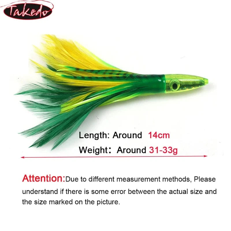 China China TAKEDO SP02 140MM 32G Big Game Drag Octopus Baits Squid Jig Lures Resin Fish Head Feather Skirt Trolling Fishing Bait For Tuna