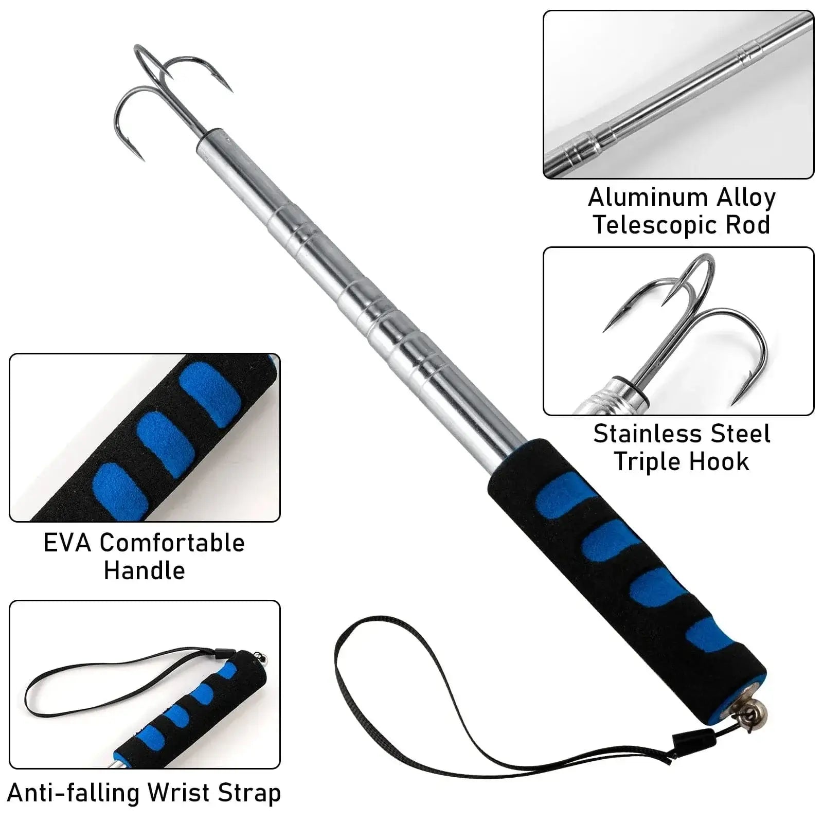 China China Telescopic Fishing Gaff Stainless Steel Triple Hook Sea Fishing Spear Telescoping Pole with Hook Boat Ice Fishing Squid Gaff