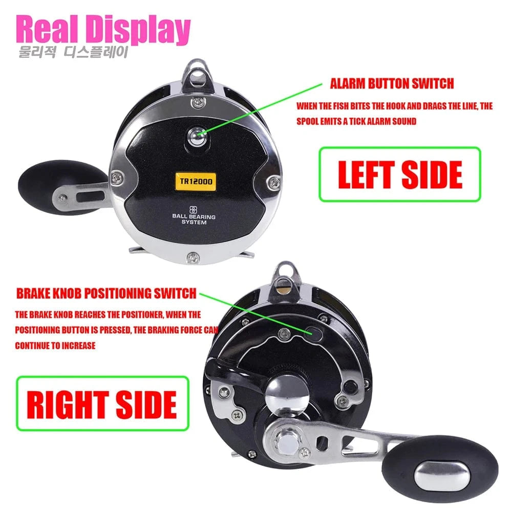 China China TR12000 / Right Hand TR12000 Big Trolling Drum Fishing Reels 3.4:1 Gear Ratio 8+1BB All Aluminum Alloy Body Max Drag 30kg Sea Fishing Trolling Reel