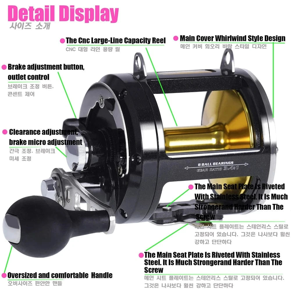 China China TR12000 / Right Hand TR12000 Big Trolling Drum Fishing Reels 3.4:1 Gear Ratio 8+1BB All Aluminum Alloy Body Max Drag 30kg Sea Fishing Trolling Reel