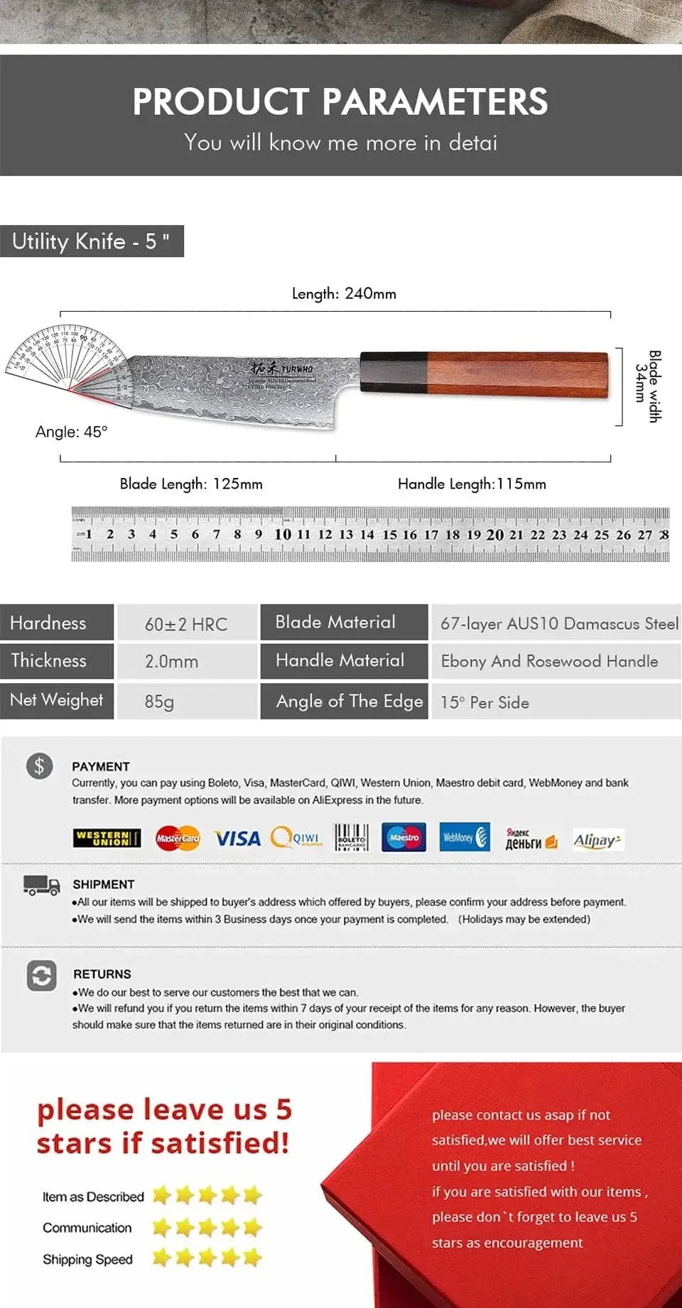 China China Utility knife / 5 inch TURWHO 5" Kitchen Utility Knife Japanese Hand Forged Damascus Steel Chef Knives Vegetable Meat Peeling Fruit Knife Cooking Tools