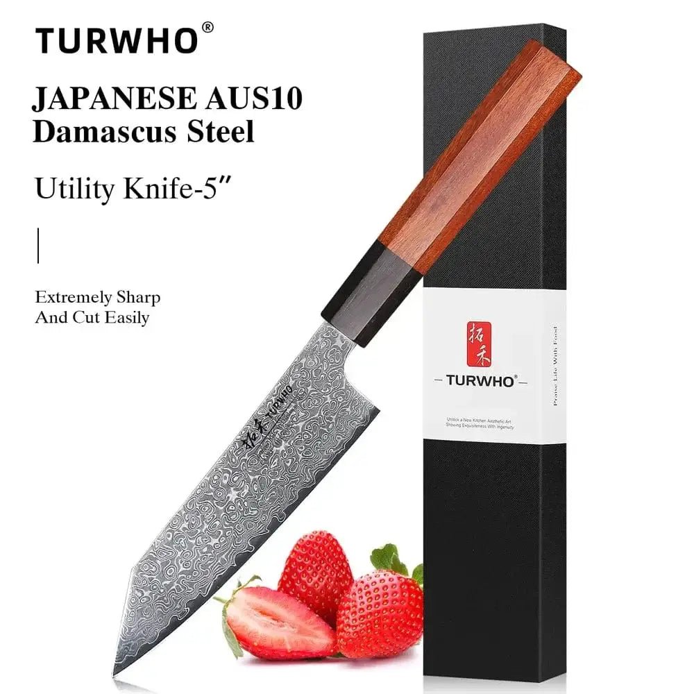 China China Utility knife / 5 inch TURWHO 5" Kitchen Utility Knife Japanese Hand Forged Damascus Steel Chef Knives Vegetable Meat Peeling Fruit Knife Cooking Tools