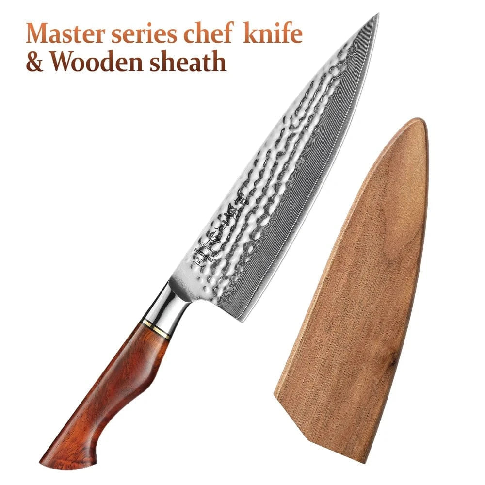 China China with wooden sheath02 HEZHEN 8.5 Inch Chef Knife 73 Layers Powder Steel Damascus Steel Natural Rosewood Handle Kitchen Cook Knife Tools Accessories