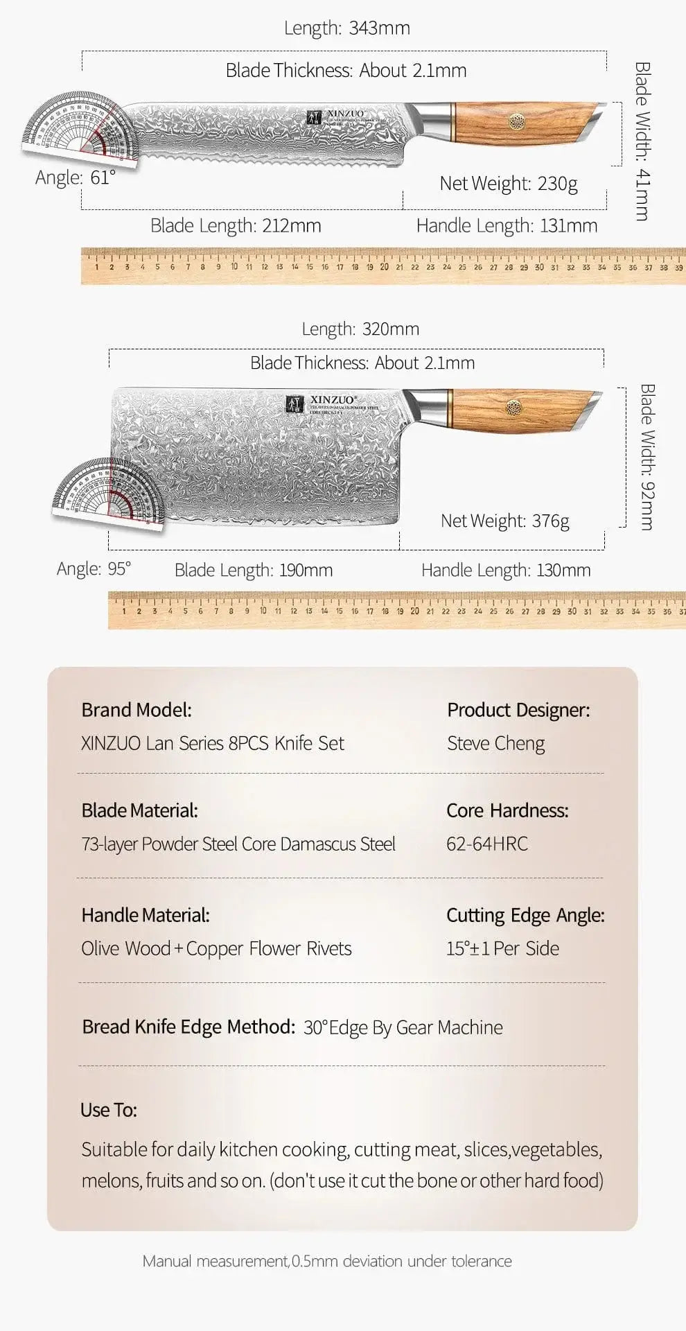 China China XINZUO 1-8pcs Kitchen Knife Set 73 Layers Custom Damascus Steel 15°±1 Per Side Steel Blade with Olive Wood Handle