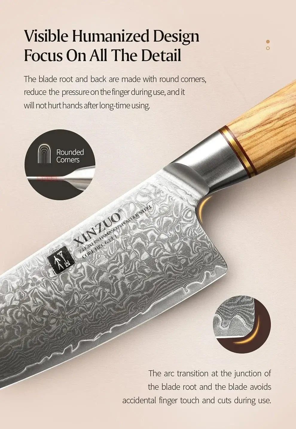 China China XINZUO 1-8pcs Kitchen Knife Set 73 Layers Custom Damascus Steel 15°±1 Per Side Steel Blade with Olive Wood Handle