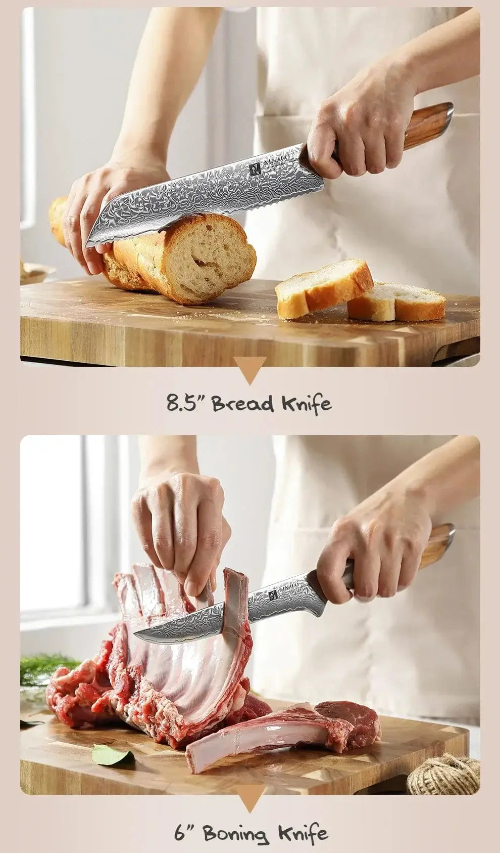 China China XINZUO 1-8pcs Kitchen Knife Set 73 Layers Custom Damascus Steel 15°±1 Per Side Steel Blade with Olive Wood Handle