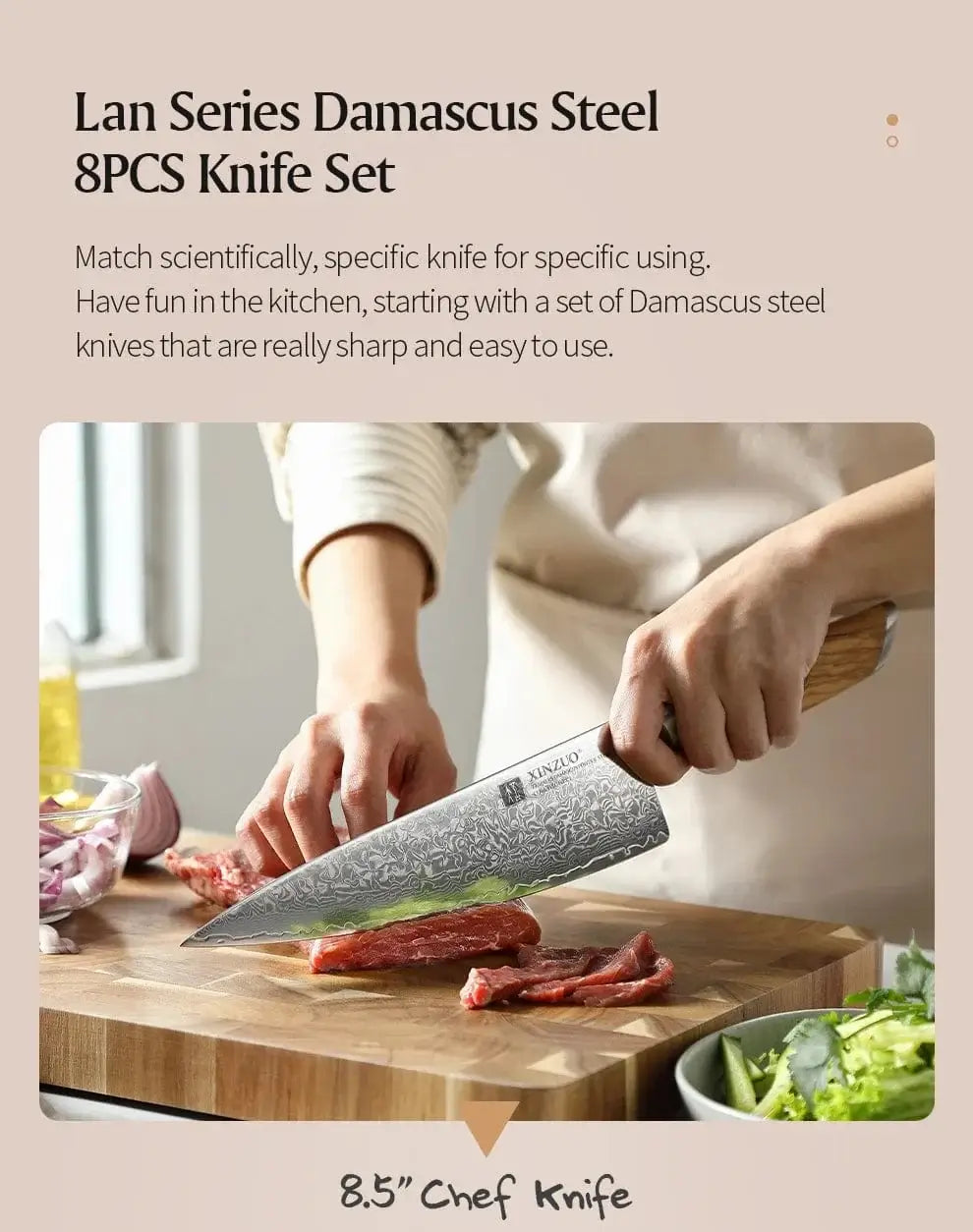 China China XINZUO 1-8pcs Kitchen Knife Set 73 Layers Custom Damascus Steel 15°±1 Per Side Steel Blade with Olive Wood Handle