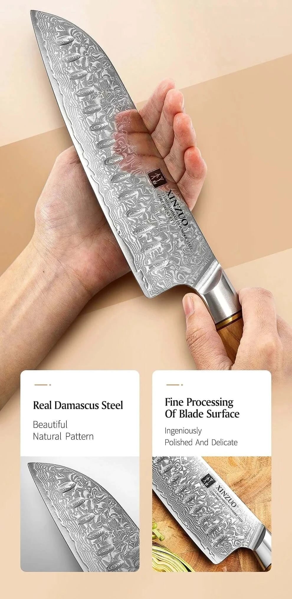 China China XINZUO 1-8pcs Kitchen Knife Set 73 Layers Custom Damascus Steel 15°±1 Per Side Steel Blade with Olive Wood Handle