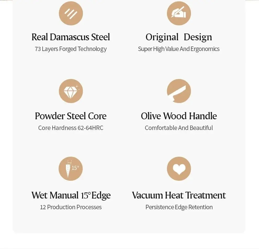 China China XINZUO 1-8pcs Kitchen Knife Set 73 Layers Custom Damascus Steel 15°±1 Per Side Steel Blade with Olive Wood Handle