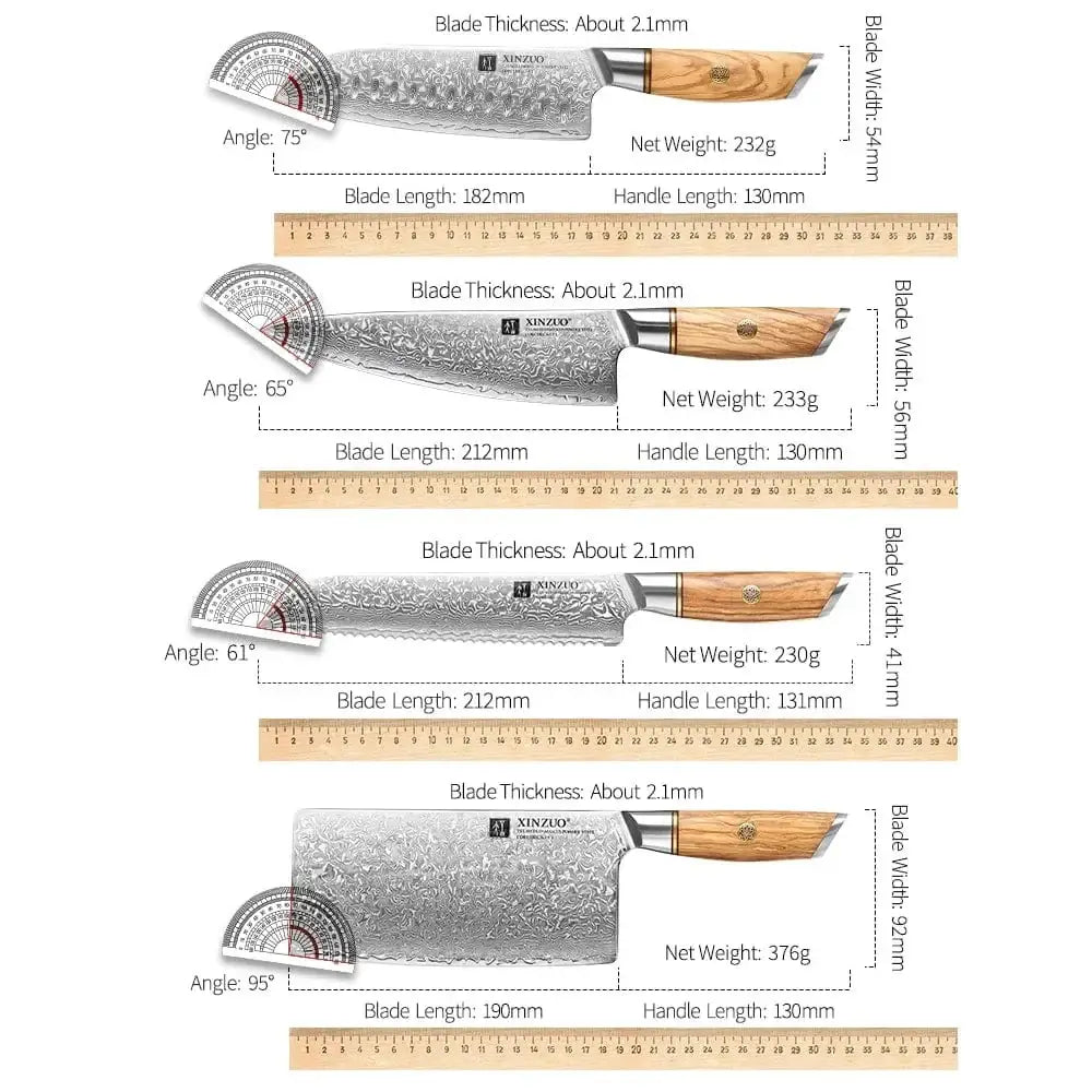 China China XINZUO 1-8pcs Kitchen Knife Set 73 Layers Custom Damascus Steel 15°±1 Per Side Steel Blade with Olive Wood Handle