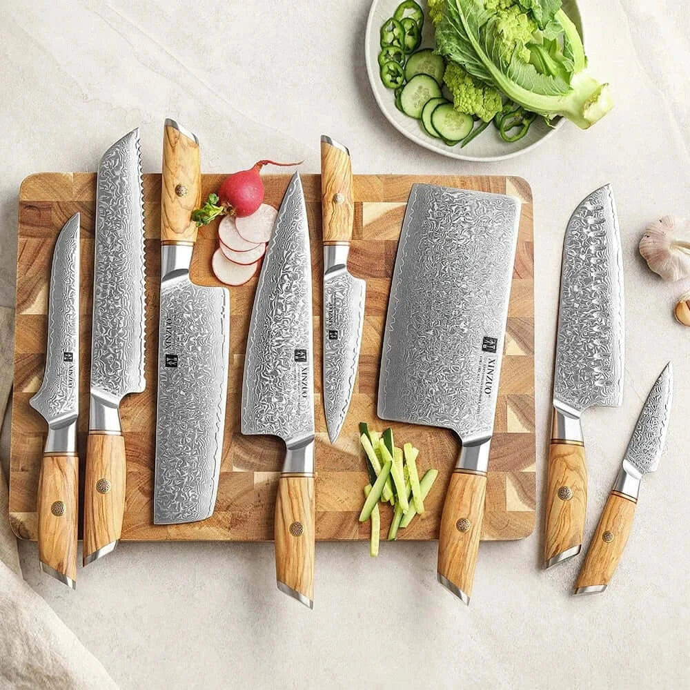 China China XINZUO 1-8pcs Kitchen Knife Set 73 Layers Custom Damascus Steel 15°±1 Per Side Steel Blade with Olive Wood Handle