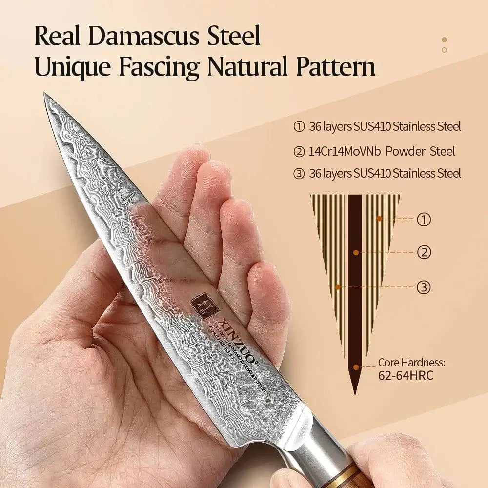 China China XINZUO 1-8pcs Kitchen Knife Set 73 Layers Custom Damascus Steel 15°±1 Per Side Steel Blade with Olive Wood Handle