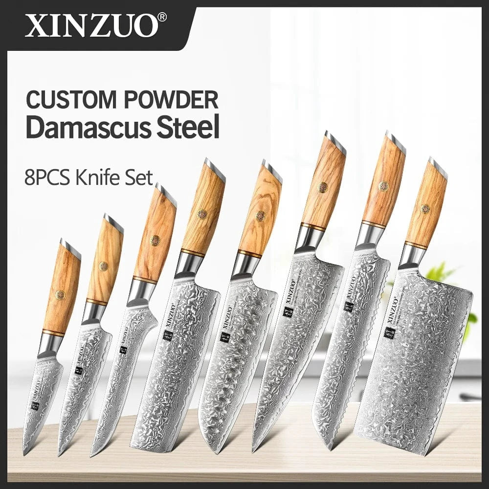 China China XINZUO 1-8pcs Kitchen Knife Set 73 Layers Custom Damascus Steel 15°±1 Per Side Steel Blade with Olive Wood Handle