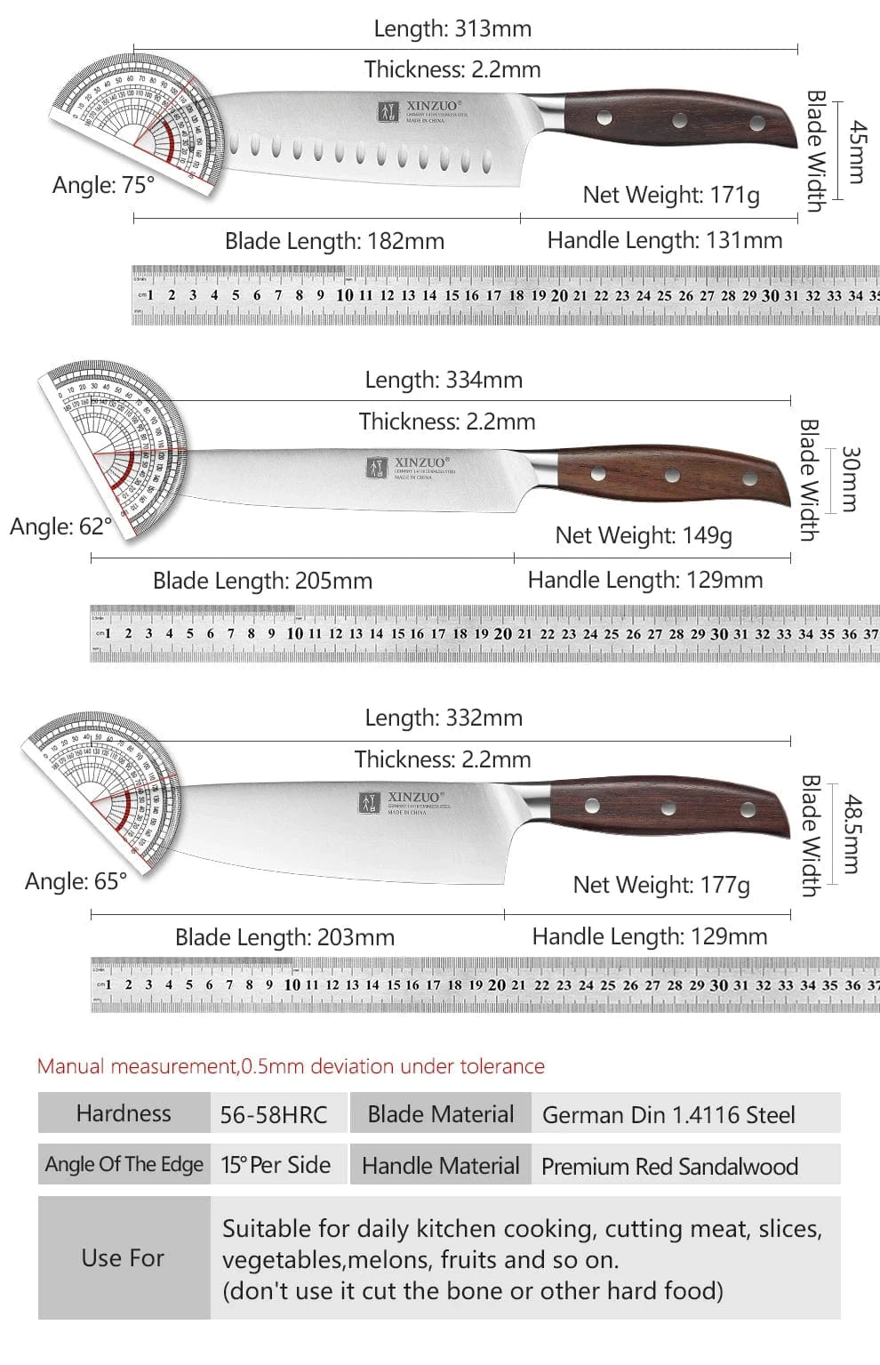 China Kitchen Knife XINZUO High Quality 3.5+5+8+8+8"  Paring Utility Cleaver Chef Knife Germany