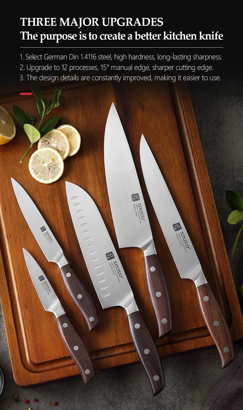 China Kitchen Knife XINZUO High Quality 3.5+5+8+8+8"  Paring Utility Cleaver Chef Knife Germany