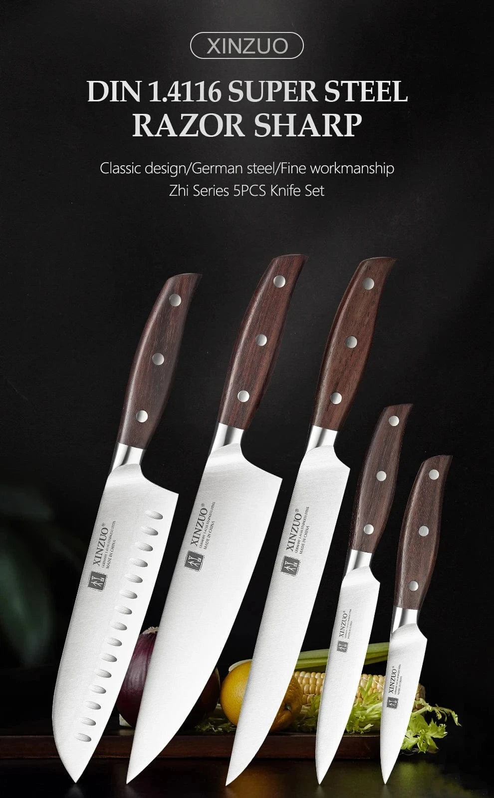 China Kitchen Knife XINZUO High Quality 3.5+5+8+8+8"  Paring Utility Cleaver Chef Knife Germany