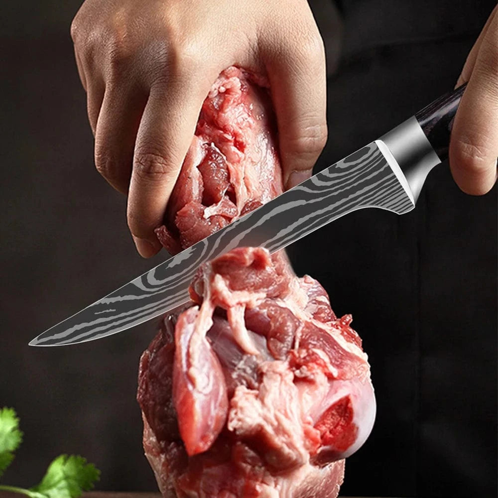 China Knife Set 1PC Kitchen Knife Laser Damascus Steel 7CR17 440C Japanese Chef Knives Slicing Meat Cleaver Sharp Santoku with Pakkawood Handle