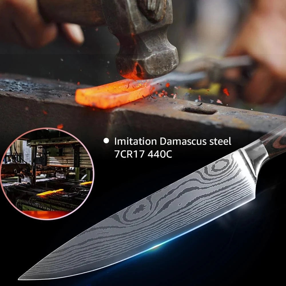 China Knife Set 1PC Kitchen Knife Laser Damascus Steel 7CR17 440C Japanese Chef Knives Slicing Meat Cleaver Sharp Santoku with Pakkawood Handle