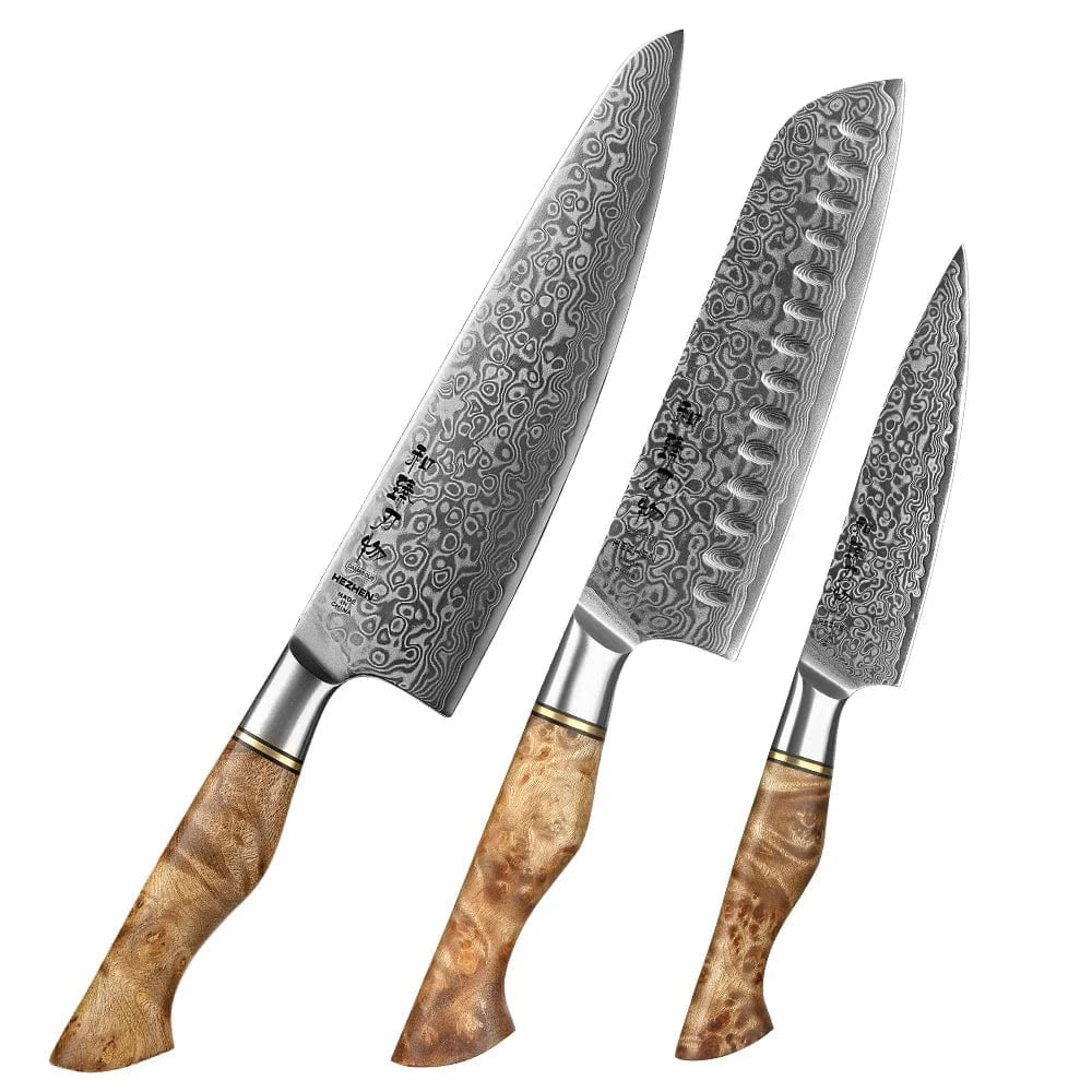 China Knife Set 3pc knife set / CHINA HEZHEN 1  to 5PC Knife Set Professional Damascus Steel  Chef Santoku Bread Utility Paring Cook Knife For Meat Sharp Kitchen Knife