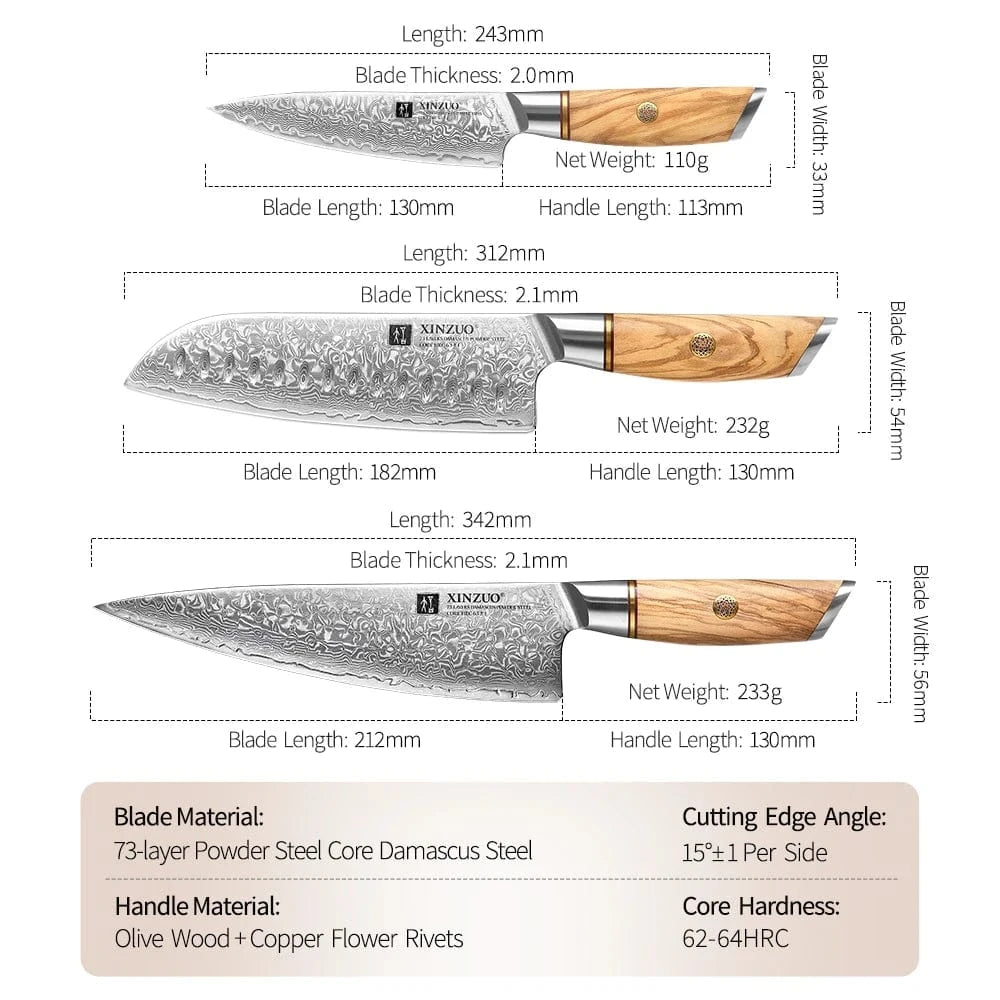China Knife Set 3PCS-01 XINZUO 3PCS Knife Set 73 Layers Damascus Steel Razor Sharp Blade
