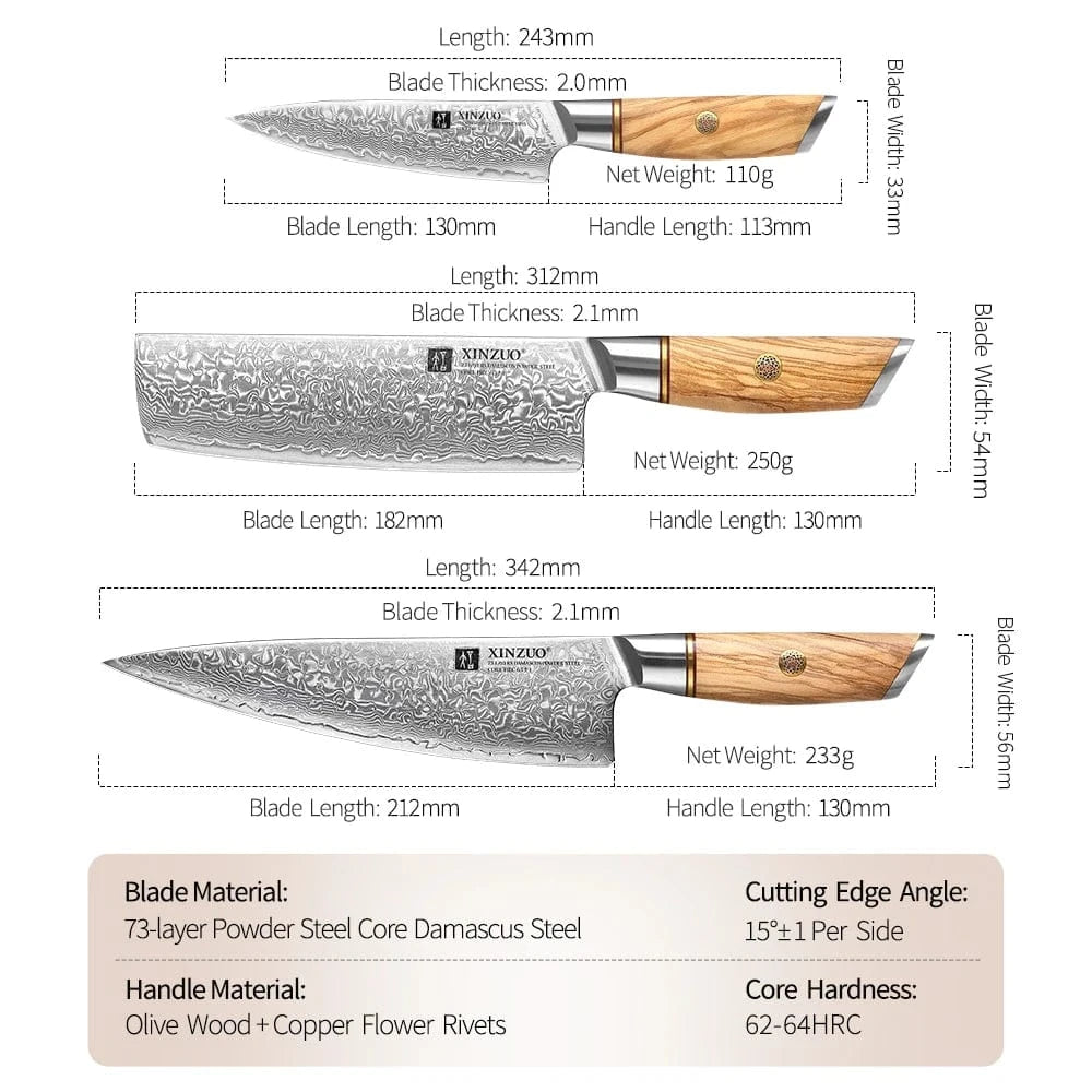 China Knife Set 3PCS-02 XINZUO 3PCS Knife Set 73 Layers Damascus Steel Razor Sharp Blade