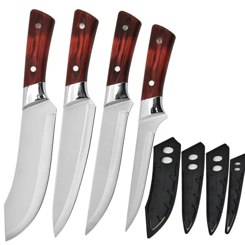 China Knife Set 4 with Plastic Cover 1-4pcs Kitchen Knives Forged Boning Knife Stainless Steel Chef's Knife for Cooking Fruit Knife BBQ Meat Cleaver Butcher Knives