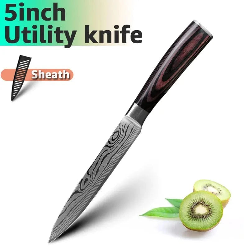 China Knife Set 5inch Utility / CHINA 1PC Kitchen Knife Laser Damascus Steel 7CR17 440C Japanese Chef Knives Slicing Meat Cleaver Sharp Santoku with Pakkawood Handle