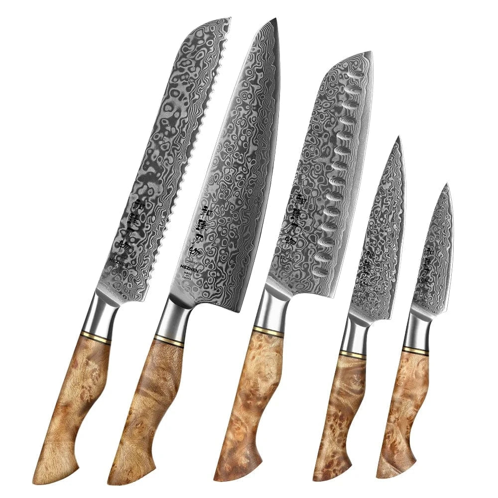 China Knife Set 5pc knife set / CHINA HEZHEN 1  to 5PC Knife Set Professional Damascus Steel  Chef Santoku Bread Utility Paring Cook Knife For Meat Sharp Kitchen Knife