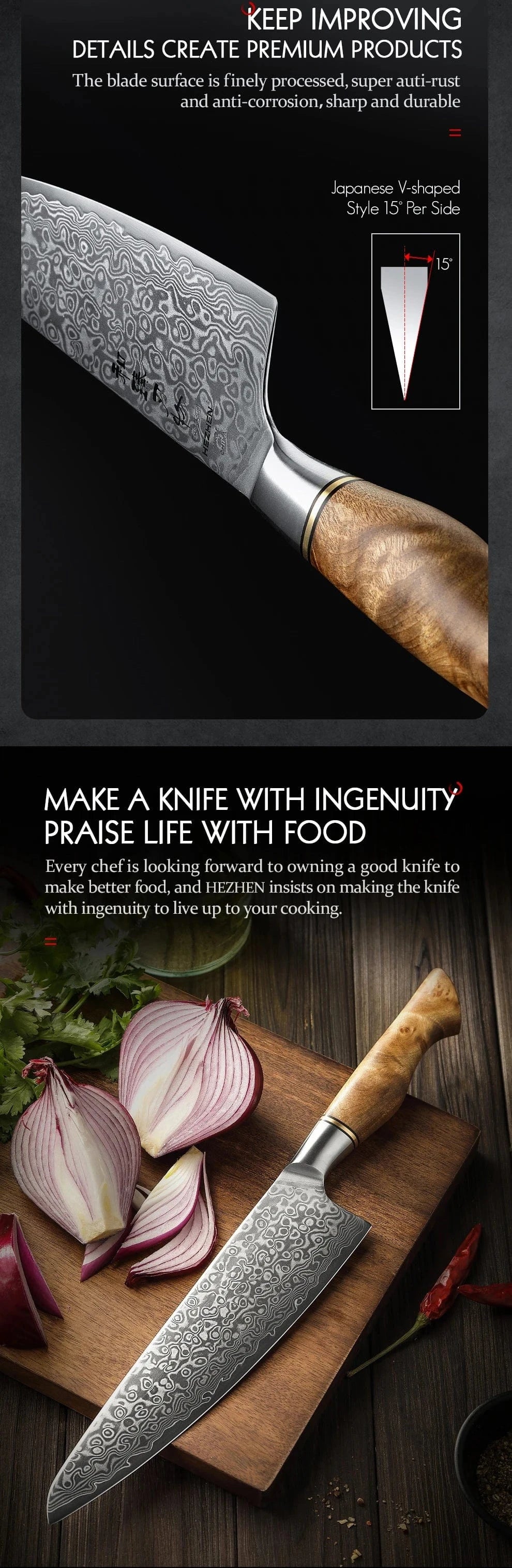 China Knife Set HEZHEN 1  to 5PC Knife Set Professional Damascus Steel  Chef Santoku Bread Utility Paring Cook Knife For Meat Sharp Kitchen Knife