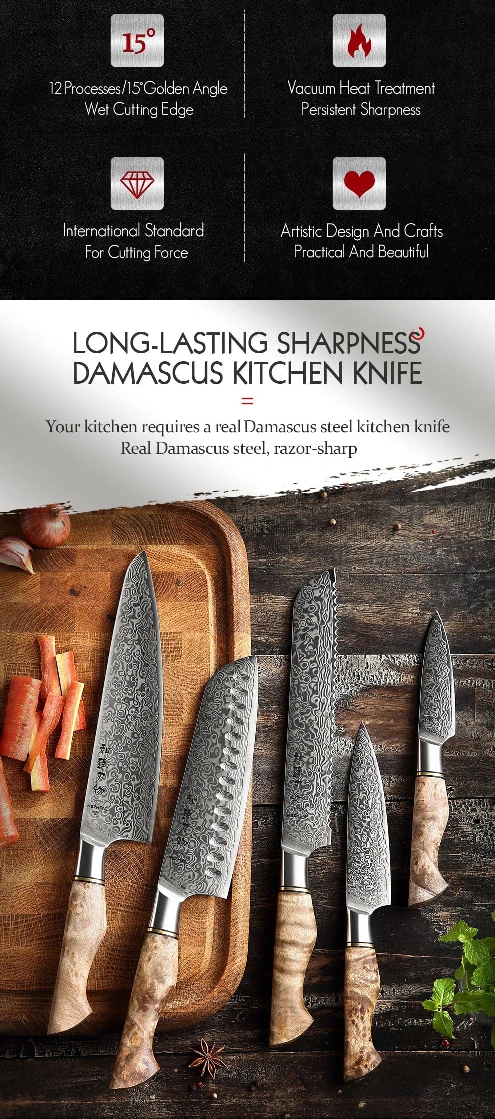 China Knife Set HEZHEN 1  to 5PC Knife Set Professional Damascus Steel  Chef Santoku Bread Utility Paring Cook Knife For Meat Sharp Kitchen Knife