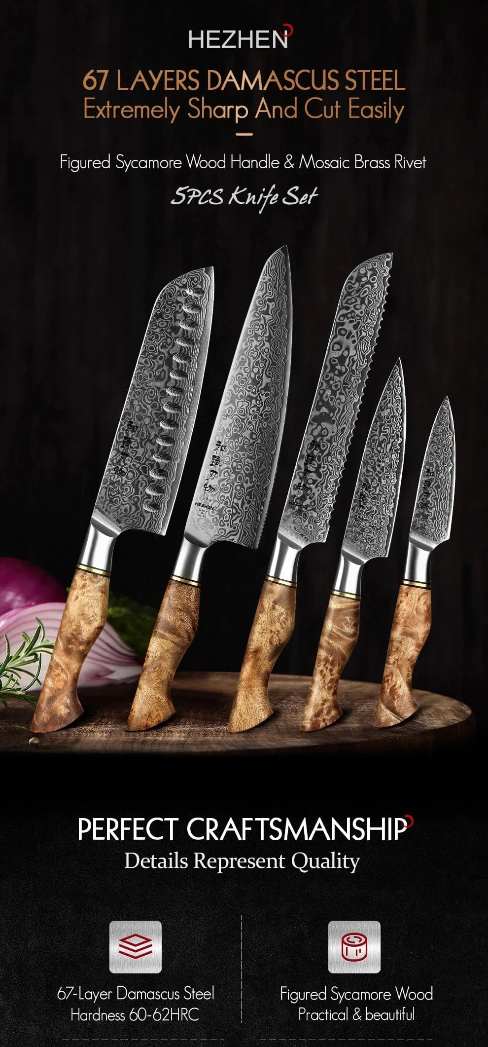 China Knife Set HEZHEN 1  to 5PC Knife Set Professional Damascus Steel  Chef Santoku Bread Utility Paring Cook Knife For Meat Sharp Kitchen Knife