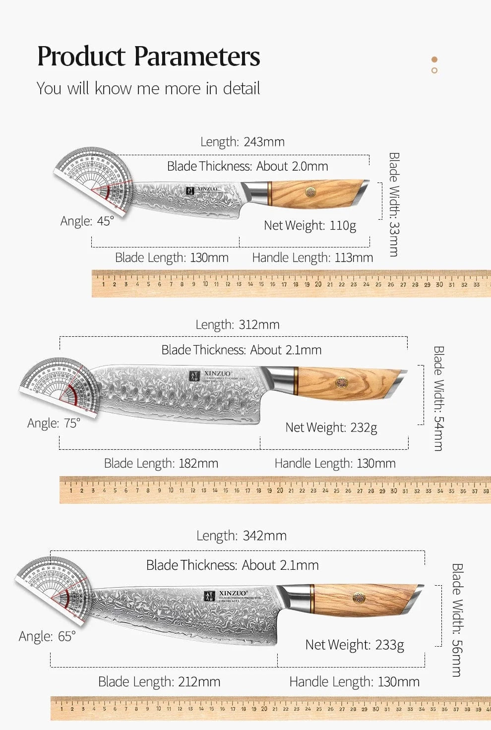 China Knife Set XINZUO 3PCS Knife Set 73 Layers Damascus Steel Razor Sharp Blade